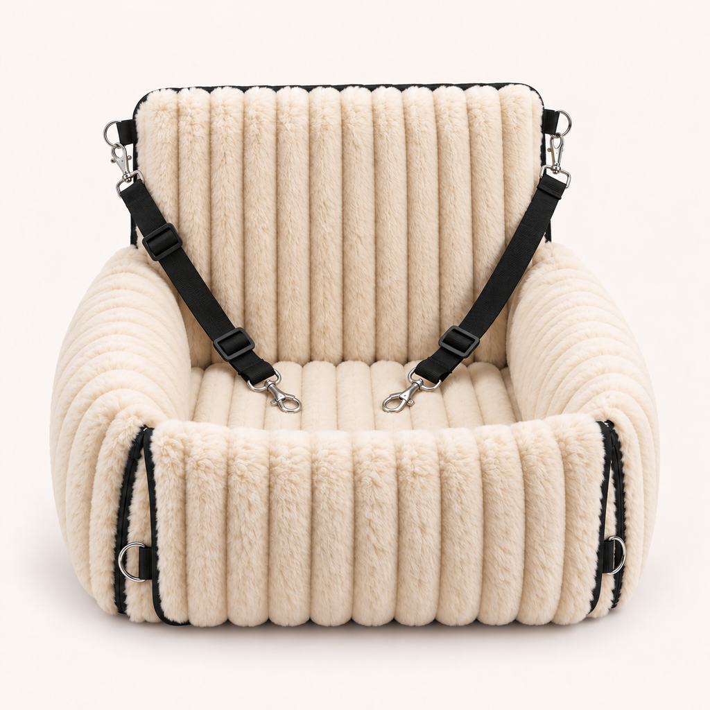 Beige Walkiies Bed: front view with black straps and silver snap hooks.