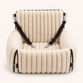 Beige Walkiies Bed: front view with black straps and silver snap hooks.