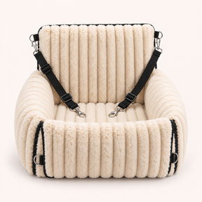 Beige Walkiies Bed: front view with black straps and silver snap hooks.