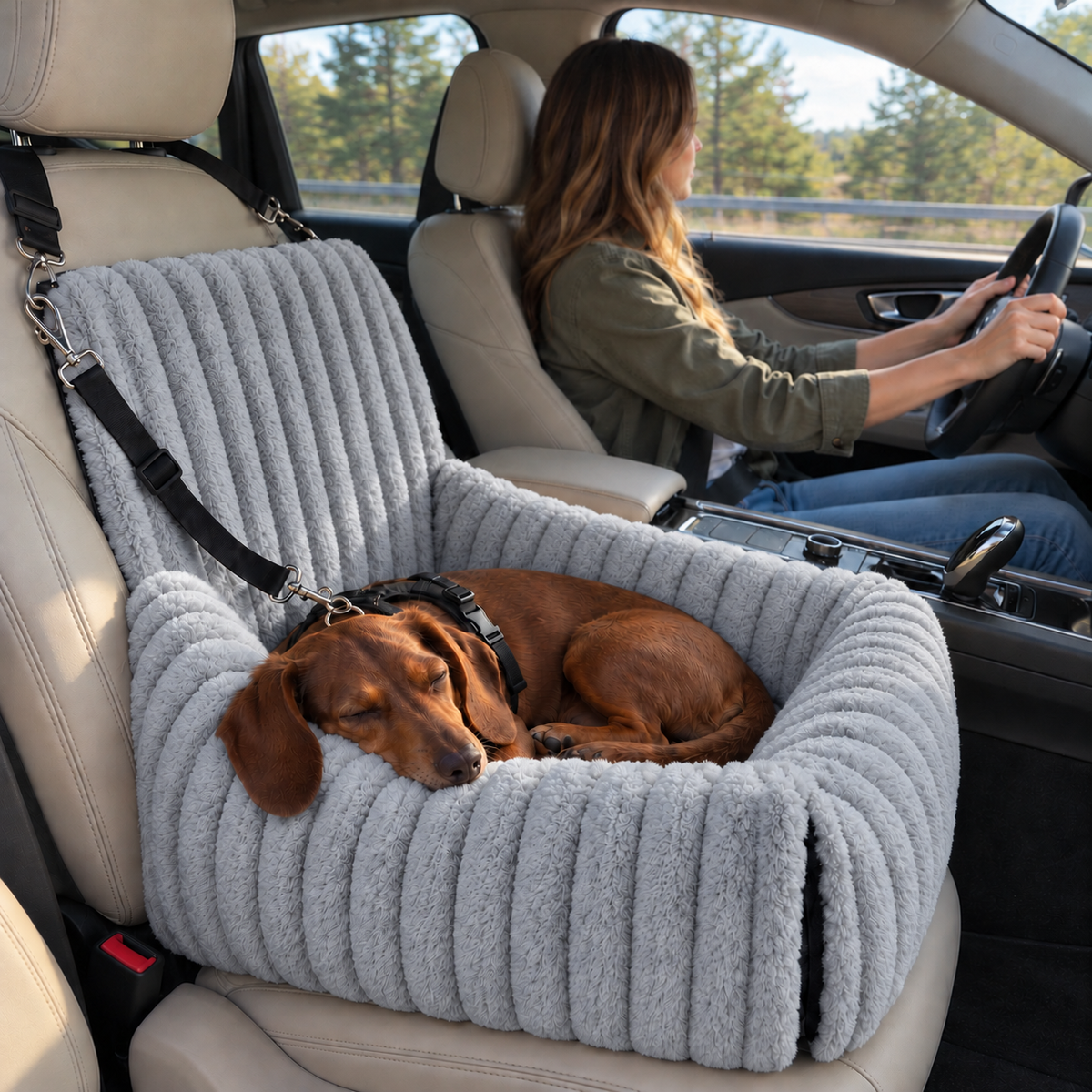 Grey Walkiies Bed: a harnessed dachshund resting on a car passenger seat.