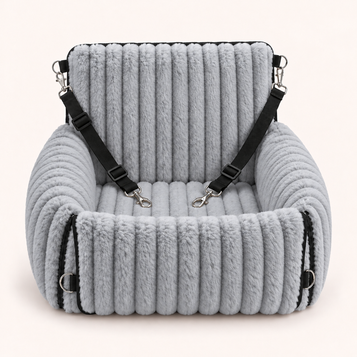 Grey Walkiies Bed: front view with black straps and silver snap hooks.