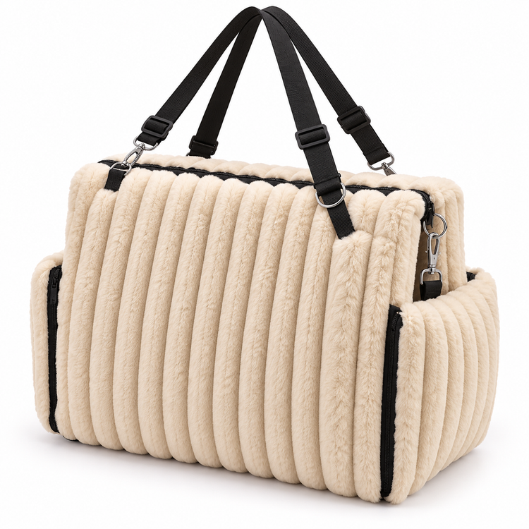 Walkiies Bed in its open-top bag configuration, with detachable black webbing handles and silver snap hooks.